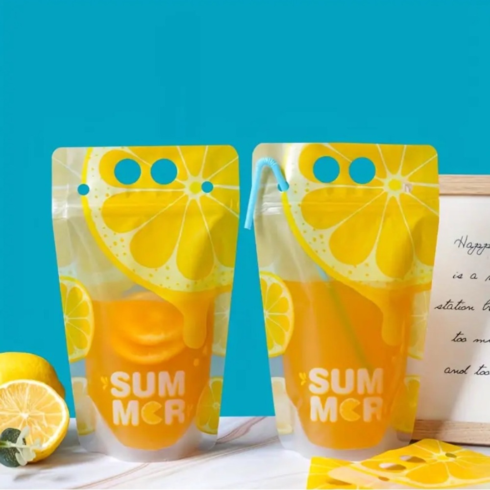20 Disposable Plastic Beverage Pouches with Zipper Seal & Straws